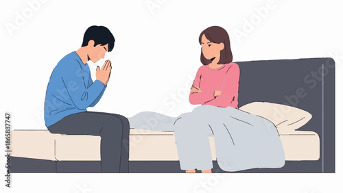 Man pleads with annoyed woman in bed