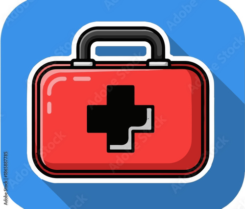 Red first aid kit with a black cross symbol on a blue background, cast a shadow