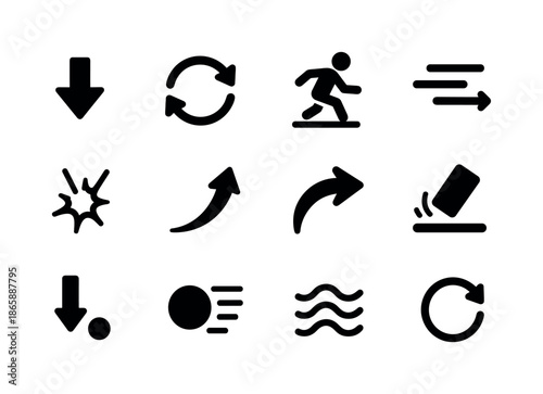Motion Icon Set. Movement and motion. Solid icon set of movement and motion: falling arrow, spinning symbol, sliding figure, speed lines, impact mark, bounce