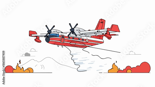 Red and white water bomber aircraft spraying retardant over a forest fire