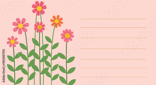 A beautiful pink background for notes or invitations, decorated with a lovely bouquet of tall, colorful paper-cut style flowers.