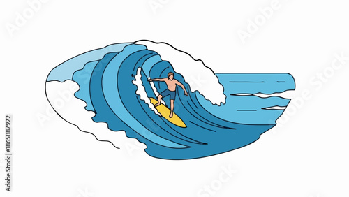 Man surfs a large ocean wave, riding a yellow board within a blue tube