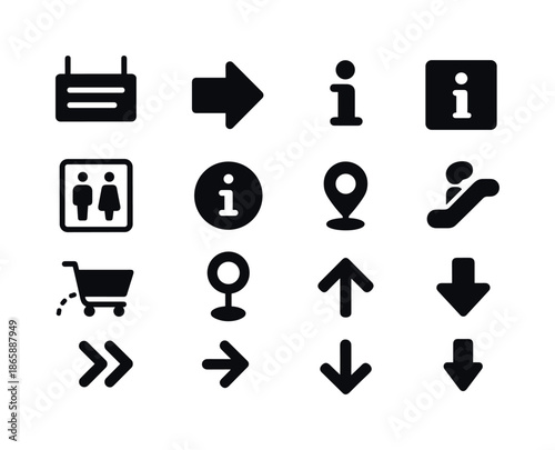 Store Navigation Icons. Store navigation. Solid icon set of Store navigation: aisle sign, exit arrow, entrance arrow, restroom sign, info sign, escalator icon,