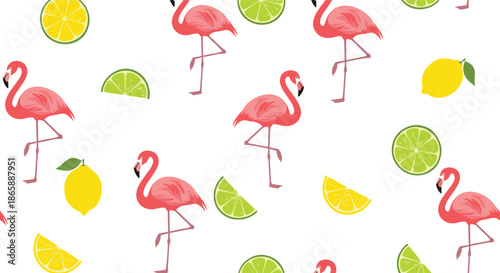 A fresh and fun seamless summer pattern with pink flamingos, whole lemons, and lime slices on a clean white background.