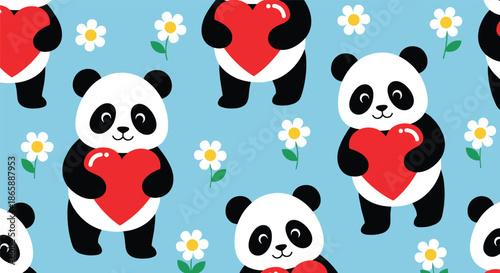 A super cute seamless pattern of adorable panda bears holding large red hearts with little flowers on a bright blue background.
