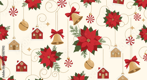 Elegant seamless Christmas holiday pattern with red poinsettia flowers, golden bells, ornaments, and charming houses on a light cream background.