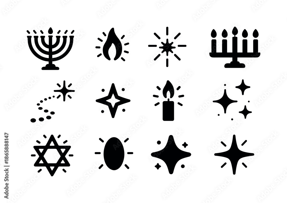 Fototapeta premium Hanukkah Icons Grid. Hanukkah Night Glow. Solid icon set of Hanukkah Night Glow: lit menorah, shining flames, star glow, candle row, warm light path, night