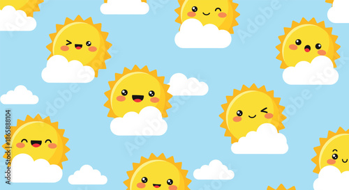 Cheerful seamless pattern of cute kawaii suns with smiling and winking faces peeking out from behind white clouds in a bright blue sky.