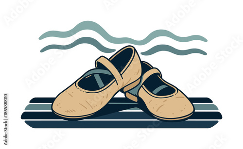 Worn Dance Shoes. Rehearsal shoes. A pair of worn dance shoes lean lightly against each other, floorboards creating clean geometric stripes. Music-wave shapes