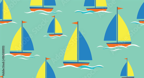 Bright and simple seamless pattern of colorful yellow and blue sailboats floating on white waves against a calm turquoise sea background.
