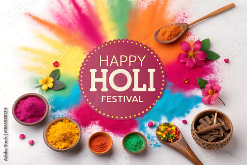 Happy Holi Festival: Colorful Powder Spreads, Festive Bowls, Flowers and Decor Celebration

