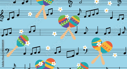 Cheerful seamless pattern of colorful maracas and small white flowers scattered over a background of black musical notes on a blue staff.