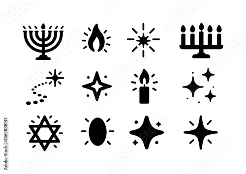 Hanukkah Icons Grid. Hanukkah Night Glow. Solid icon set of Hanukkah Night Glow: lit menorah, shining flames, star glow, candle row, warm light path, night