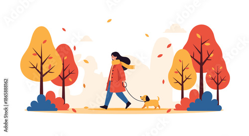 Flat vector illustration of a young woman in a coat and scarf walking her small dog on a leash through a park with colorful autumn trees.