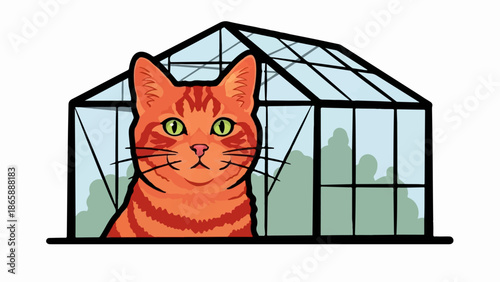 Orange tabby cat peering out from behind a greenhouse structure with plants inside