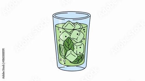Refreshing green beverage with ice cubes and mint leaves in a tall glass