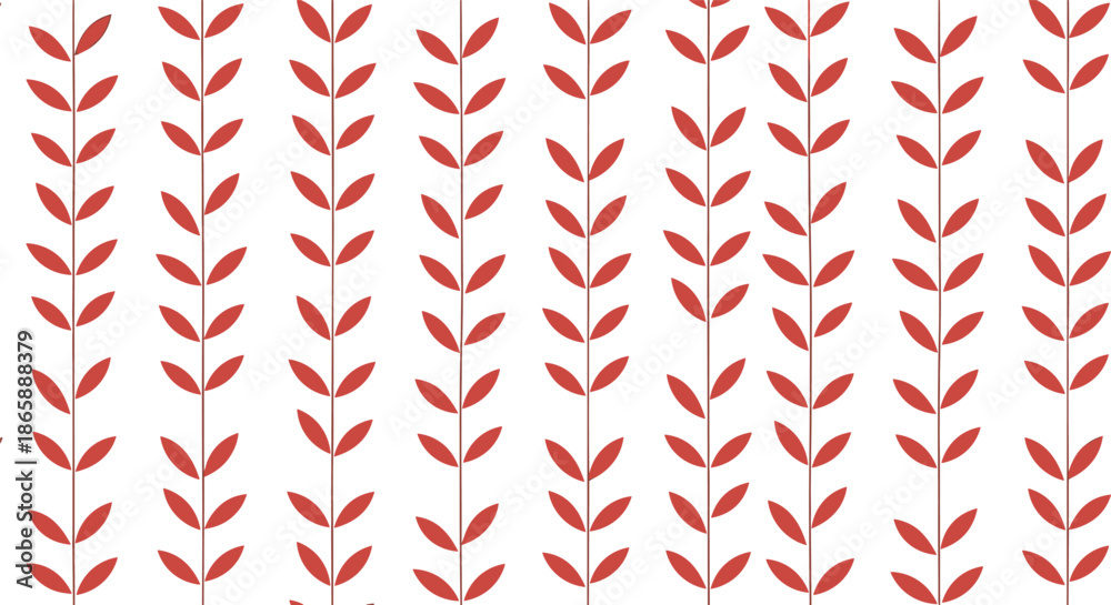 Fototapeta premium Minimalist and modern seamless pattern of vertical red vines with leaves arranged in neat rows on a clean white background for design.