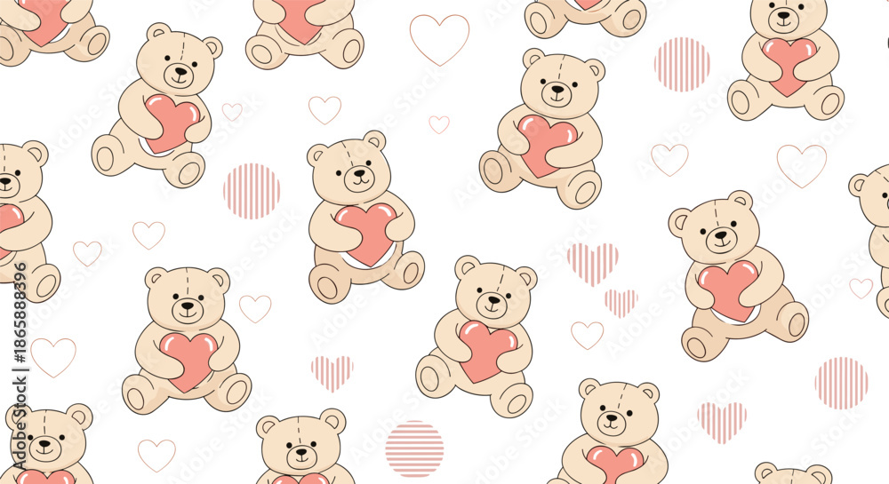 Obraz premium Sweet and simple seamless pattern of cute teddy bears holding pink hearts, surrounded by line art hearts and circles on a white background.