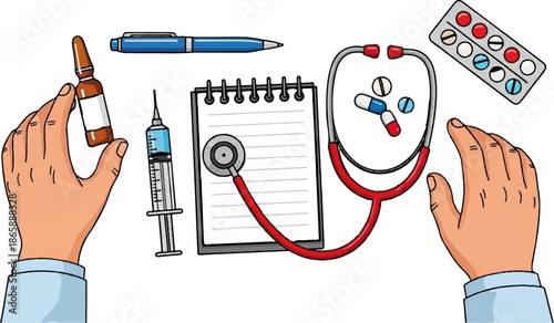 Medical items hands, syringe, ampoule, stethoscope, pills, notebook, pen