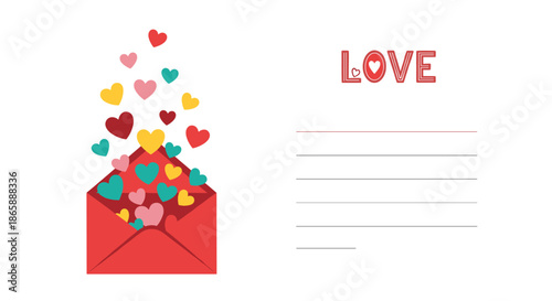Valentine's day greeting card template with a red envelope opening to release a cascade of colorful hearts and a lined space for a message.