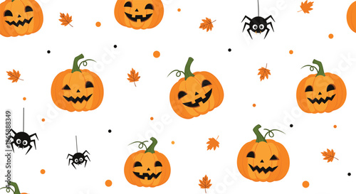 Fun and cute seamless Halloween pattern with smiling jack-o'-lanterns, dangling spiders, and autumn leaves on a clean white background.
