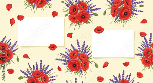 Beautiful floral background pattern with bouquets of red poppies and purple lavender, featuring two blank white cards for text or images.