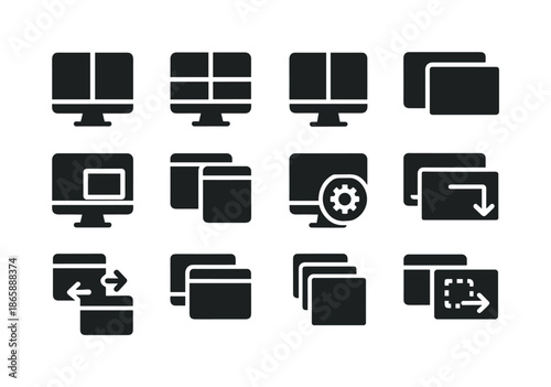 Multitasking Icon Set. Multitasking on screen. Solid icon set of Multitasking on screen: split screen, window grid, dual app view, floating window,