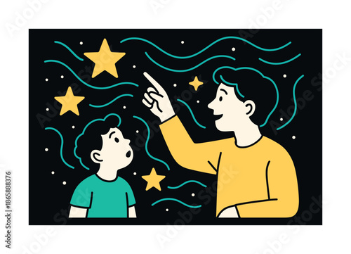 Awe-Inspiring Night Sky. Shared wonder. A parent points to floating stars while the child watches in awe; glowing shapes spark imagination. Light waves fill