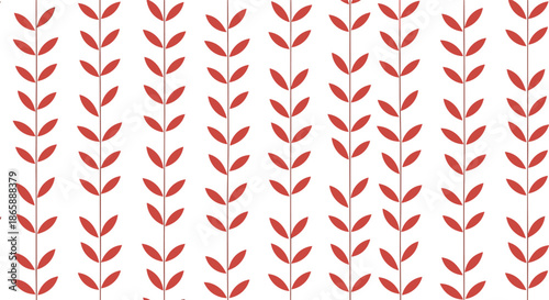Minimalist and modern seamless pattern of vertical red vines with leaves arranged in neat rows on a clean white background for design.