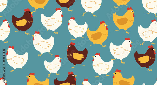 Rustic and charming seamless pattern of colorful cartoon chickens and hens in white, brown, and yellow on a muted blue-green background.