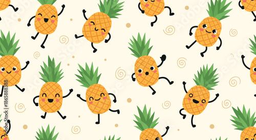 Fun and cheerful seamless pattern of cute cartoon pineapples with happy faces, arms, and legs, dancing on a light cream background.