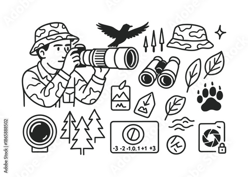 Wildlife Photography Icons. Photographer. Hand-drawn doodle illustration Photographer wildlife lens, bird silhouette, tripod spikes, binoculars, camo hat,