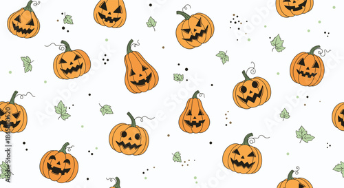 Seamless Halloween pattern with hand-drawn jack-o'-lanterns, scattered leaves, and confetti dots on a white background.