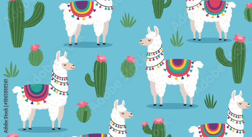 Fun seamless pattern featuring cute cartoon llamas with colorful saddles and various green cacti on a bright blue background.