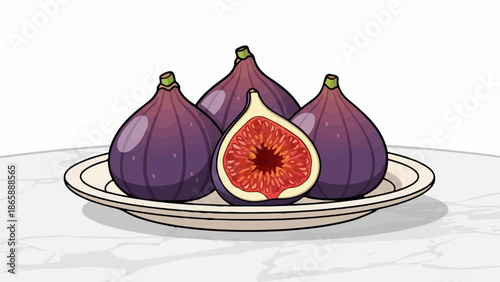 Ripe figs, one halved, displayed on a white plate on a marble surface
