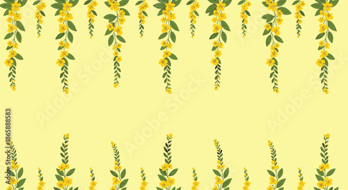 Beautiful floral frame background with hanging and growing yellow flowers and green leaves, leaving copy space in the center.