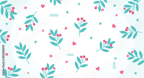 Simple and sweet seamless pattern with minimalist branches, pink berries, hearts, and abstract shapes on a white background.