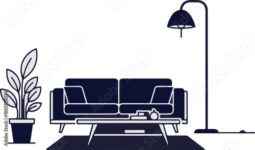 Minimalist living room scene with dark blue sofa, coffee table, potted plant, and floor lamp