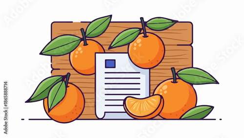 Oranges with leaves on a wooden board and a document