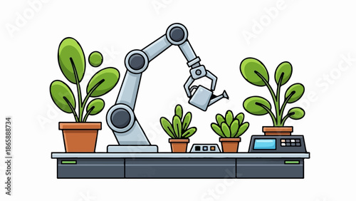 Robotic arm tends to potted plants on automated platform