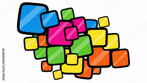 Colorful squares with rounded corners overlap in a jumbled pattern against a white background