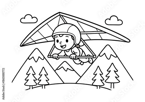 Hang Gliding Adventure. Soaring above mountains children?s coloring book illustration, outlined drawing, child hang gliding over simple mountain and tree