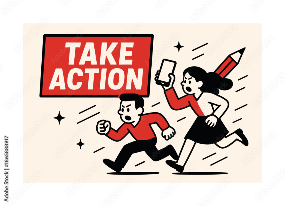 Fototapeta premium Urgent Action Banner. Take Action banner, flat vector illustration, bold oversized text inside rectangular frame banner, cartoon characters running forward