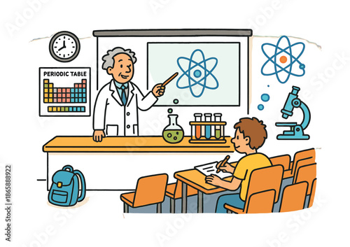 Vibrant Science Lecture Scene. Science lecture hall. Colorful Hand-drawn doodle Children illustration Science lecture hall professor in lab coat, periodic