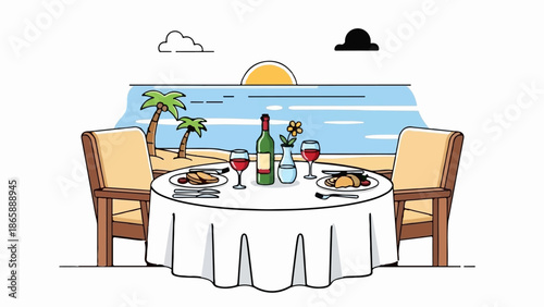 Romantic beach dinner with two chairs, a table set for two with food, wine, and a flower