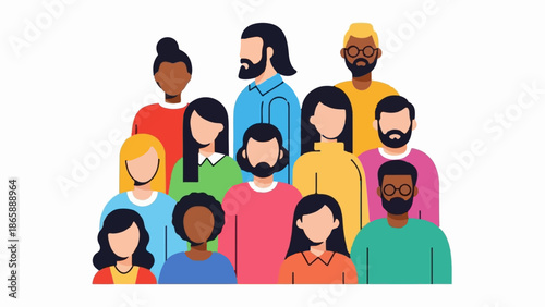 Diverse group of stylized people, men and women of varied ethnicities and hair