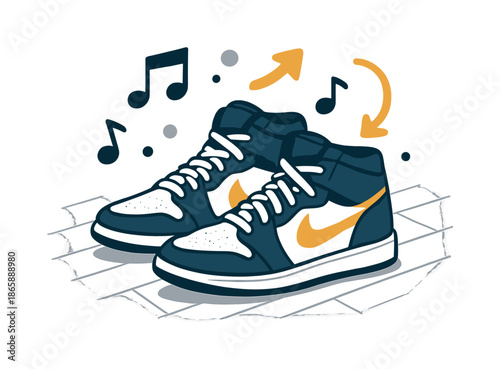 Hip-Hop Sneakers Vibe. Hip-hop sneakers on floor. Casual dance sneakers rest with relaxed posture, wooden planks forming dynamic lines. Floating beats and