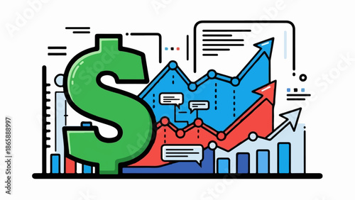 Green dollar sign with rising graphs, arrows, and data points