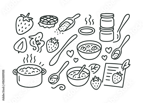 Jam Making Doodle. Making jam. Hand-drawn doodle illustration Making jam strawberry slice, jampot lid, sugar scoop, berry mash, warm steam, jar stack, wooden