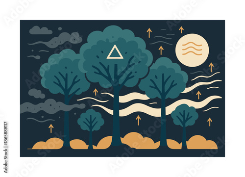 Tree Canopy Purification. Tree canopy effect. Tall trees filtering polluted air as it passes through; purified currents drifting upward. Floating symbols of